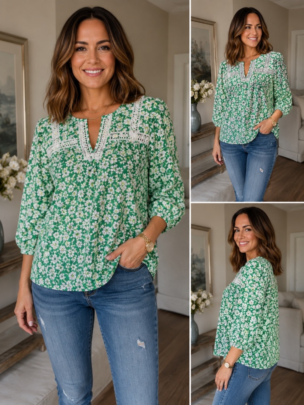 Alice Blue Green Floral Lace Yoke  tie neck Blouse cotton size M